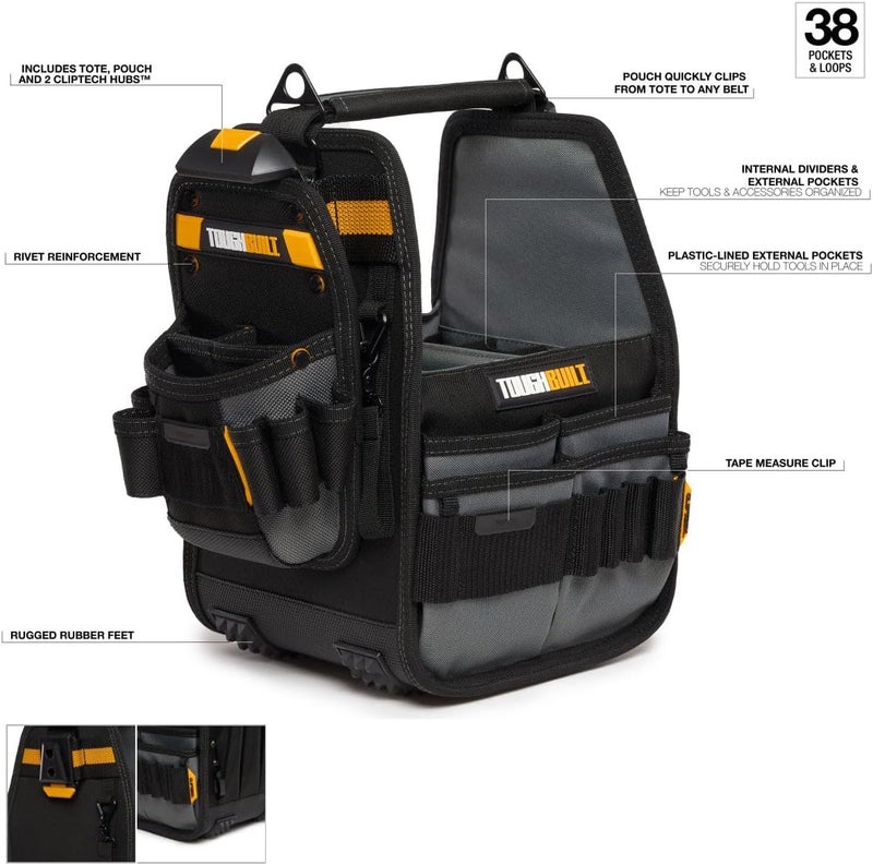 ToughBuilt 8-Inch Tote with Universal Pouch and ClipTech - 31 Pockets, Rivet Reinforcement, and Heavy-Duty Hammer Loop - Image 2
